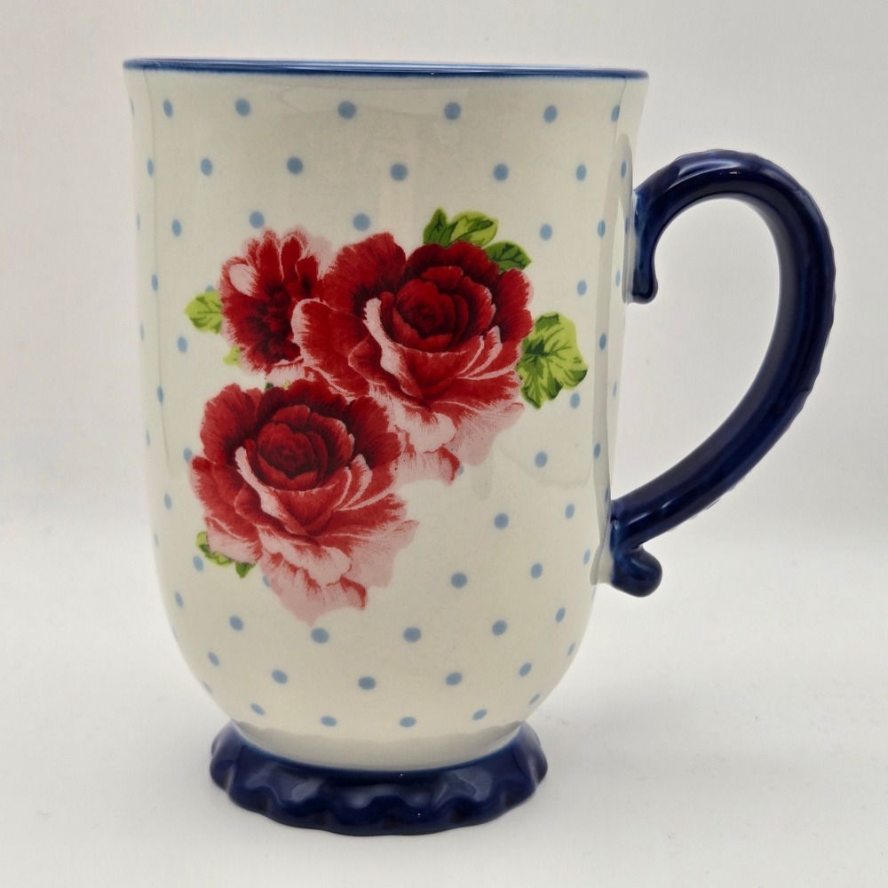 The Pioneer NEW 18oz Heritage Floral Mug Blue Polka Dot Red Rose Farmhouse